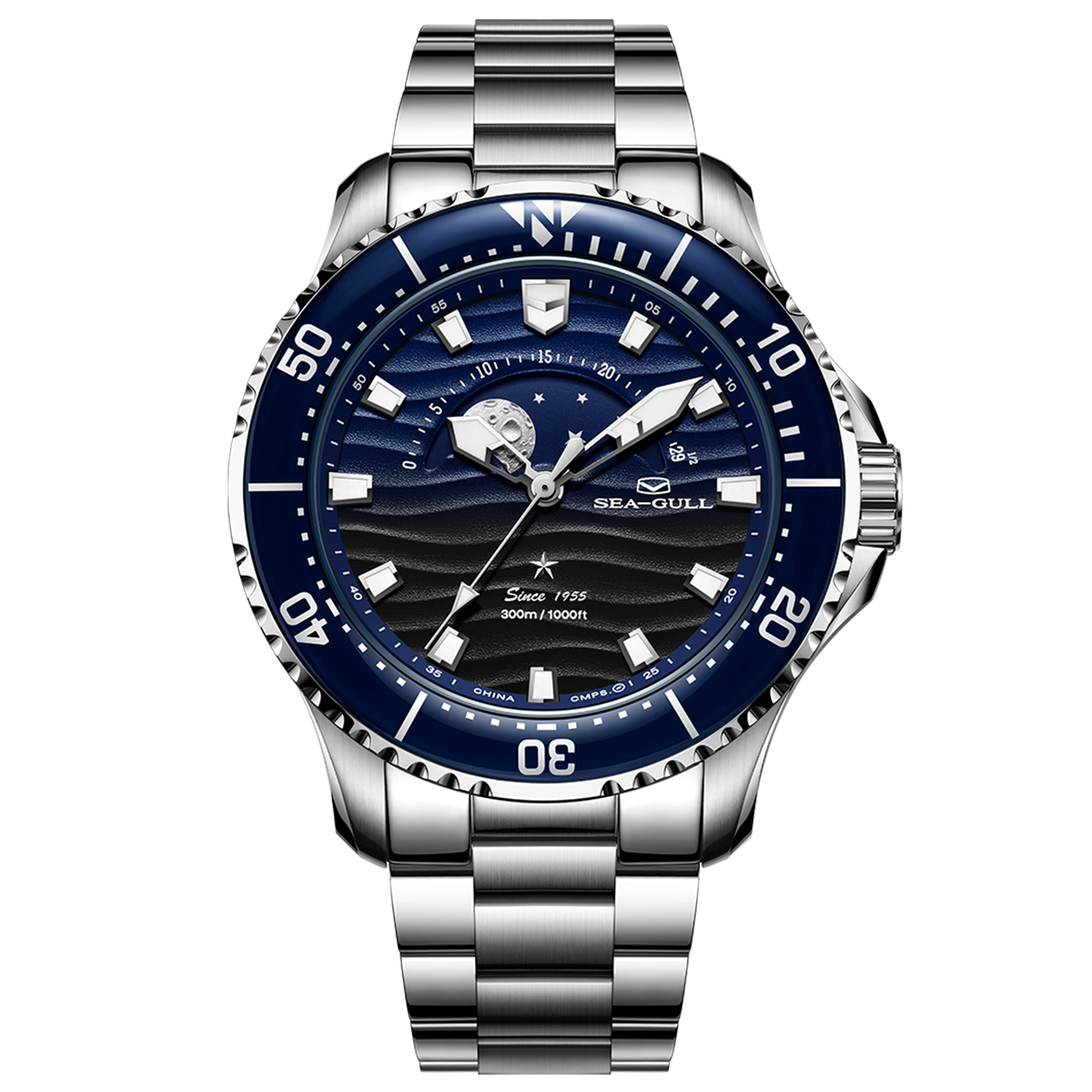 Ocean Series Pro 300m Moon Phase Gradient Wave-textured Dial Diving Watch 43.5mm