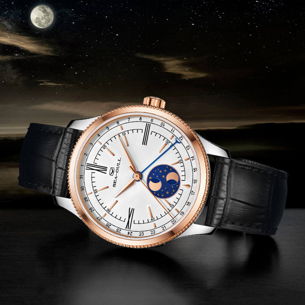 Dual-hemisphere Moon Display Calendar Business Leisure Dress Watch 41mm